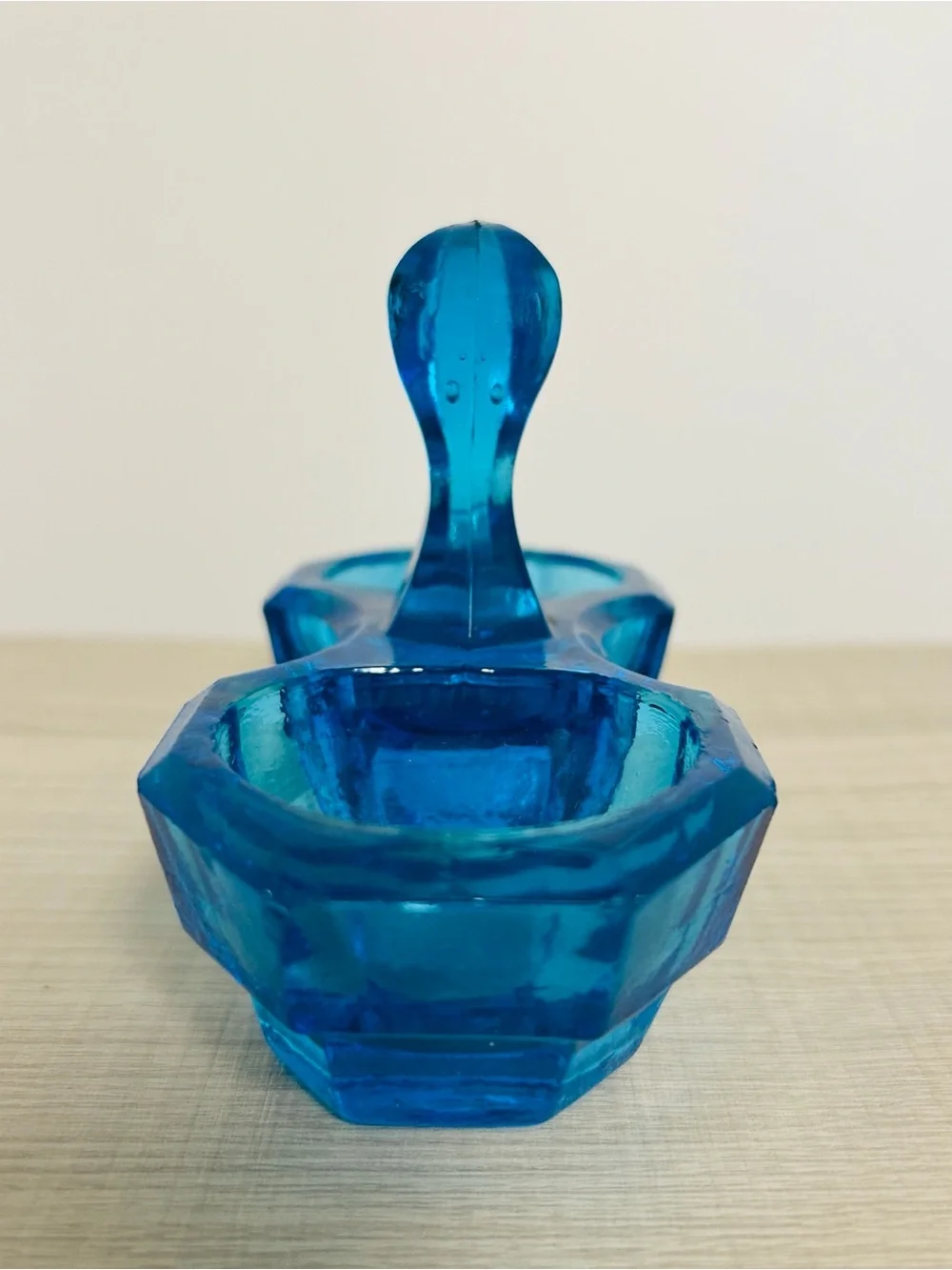 Vintage Art Deco Blue Glass Salt & Pepper Cellar Stand - Double Pinch Dip Stand